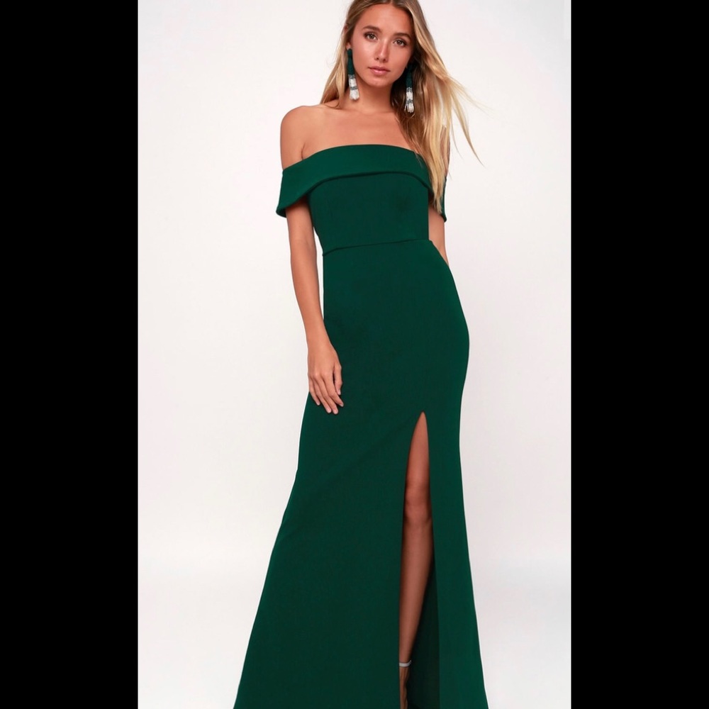 Lulus Dark green off the shoulder maxi dress xs